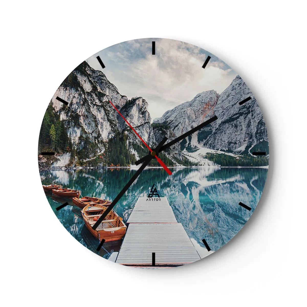 Wall clock - Clock on glass - A wooden jetty and boats against the backdrop of a mountain lake - 30x30cm - We Will Show You Beauty - Modern wall decoration for the living room, kitchen, and bedroom ARTTOR