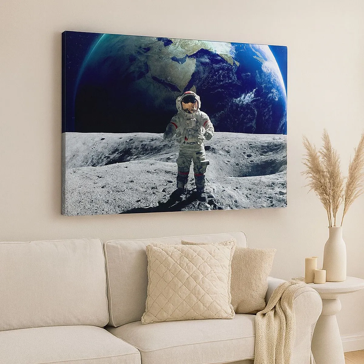 Canvas picture - Astronaut on the surface of the Moon with Earth in the background - 70x50cm - Greetings from the Moon - Modern wall decoration for the living room and bedroom ARTTOR