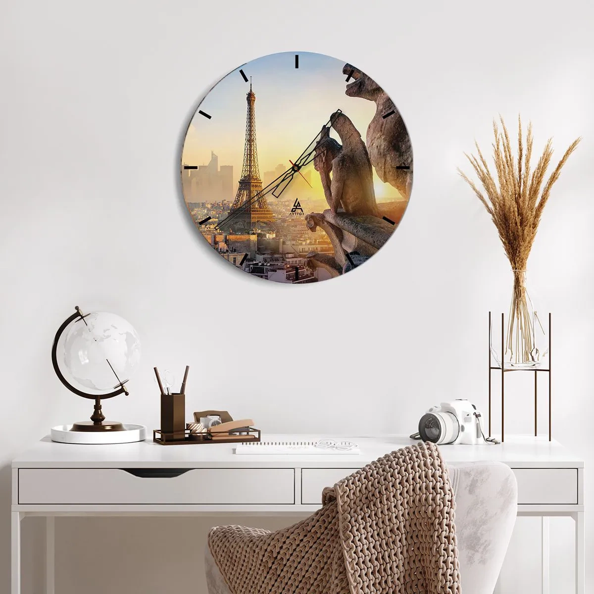 Wall clock - Clock on glass - Panorama of the city at sunset with a view of the tower and sculptures - 30x30cm - Much Has Changed… - Modern wall decoration for the living room, kitchen, and bedroom ARTTOR