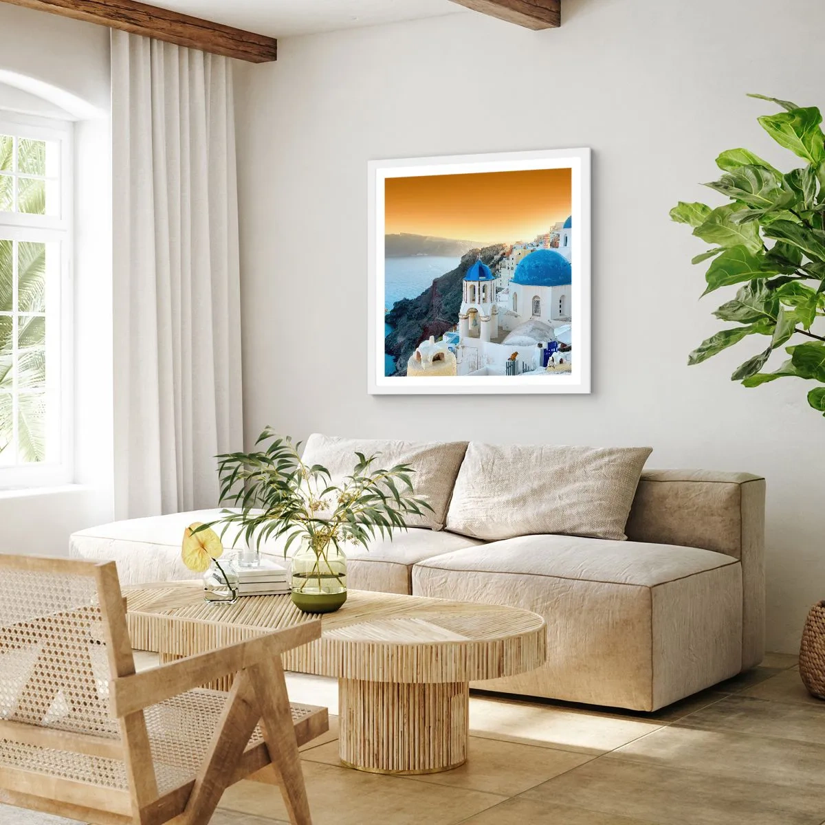 Poster in white frmae - Santorini - Snuggling up to the Rocks - 30x30 cm