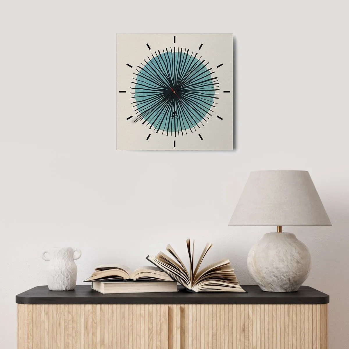 Wall clock - Clock on glass - Rays on Blue - 30x30 cm