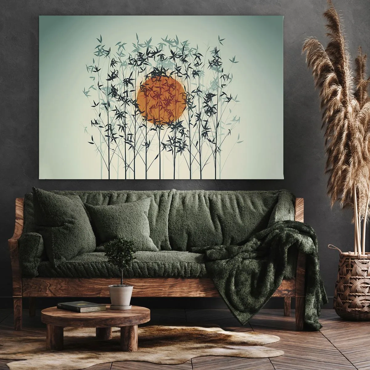 Canvas picture - Orange sun among the bamboo branches - 70x50cm - Japanese Sun - Modern wall decoration for the living room and bedroom ARTTOR