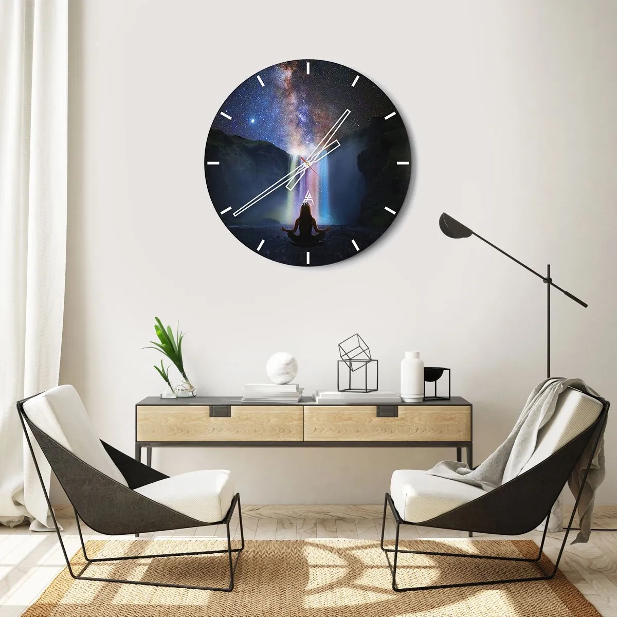 Wall clock - Clock on glass - A figure meditating by a waterfall under a starry sky - 30x30cm - Absolute Harmony - Modern wall decoration for the living room, kitchen, and bedroom ARTTOR