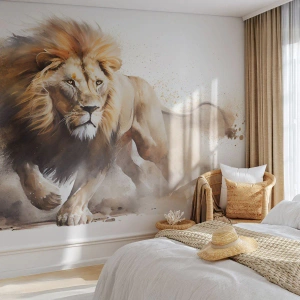 Photo Wallpaper Premium Sand - King is on the Move - Lion, Bright, Animal - 100x70 cm