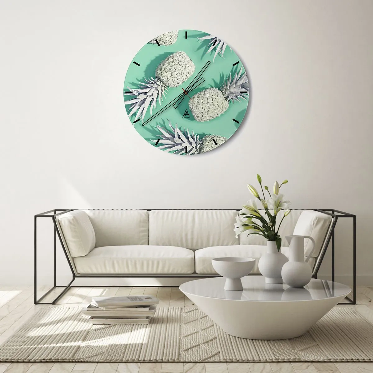 Wall clock - Clock on glass - White pineapples on a mint background in a minimalist style - 30x30cm - It Combines Well with Mint - Modern wall decoration for the living room, kitchen, and bedroom ARTTOR