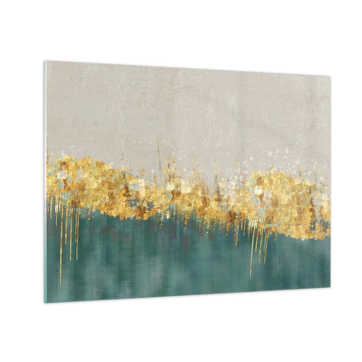 Glass picture - Gold accents create a border between beige and bottle green - 70x50cm - Golden Border - Modern wall decoration for the living room and bedroom ARTTOR