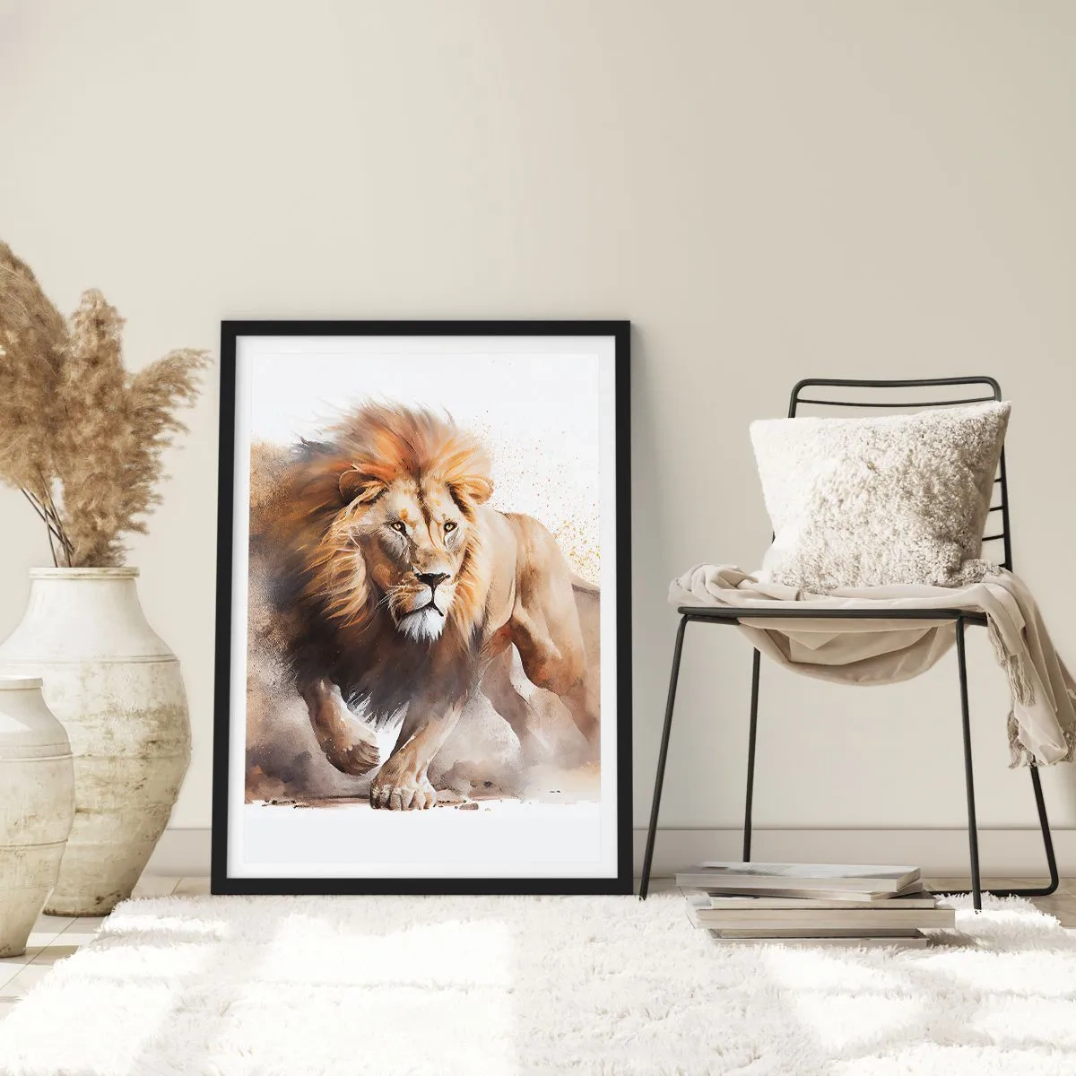 Poster in black frame - A stately lion in motion in a painterly style - 50x70cm - King is on the Move - Modern wall decoration for the living room and bedroom ARTTOR