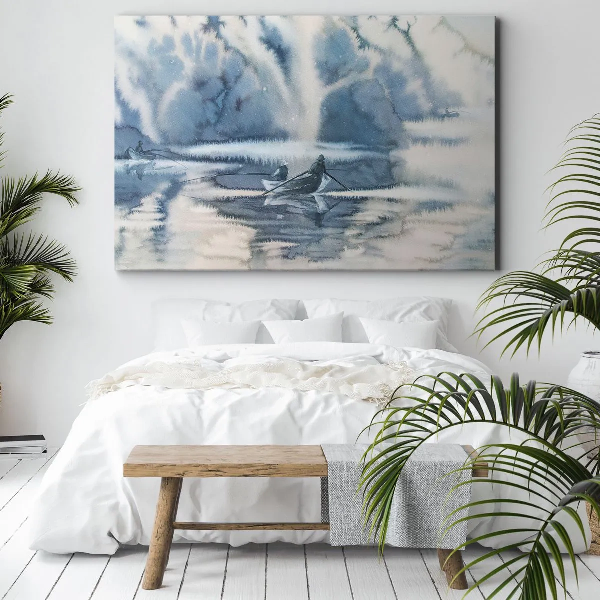 Canvas picture - Watercolor landscape with boats on a lake surrounded by a misty forest - 70x50cm - Fishermen in Their Paradise - Modern wall decoration for the living room and bedroom ARTTOR