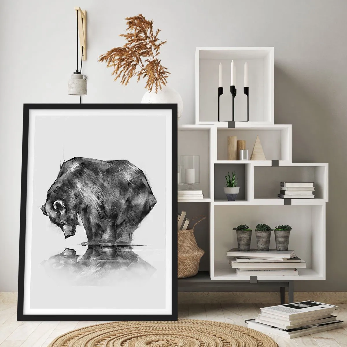 Poster in black frame - Geometric image of a bear by the water - 50x70cm - Nice to See Someone Close - Modern wall decoration for the living room and bedroom ARTTOR