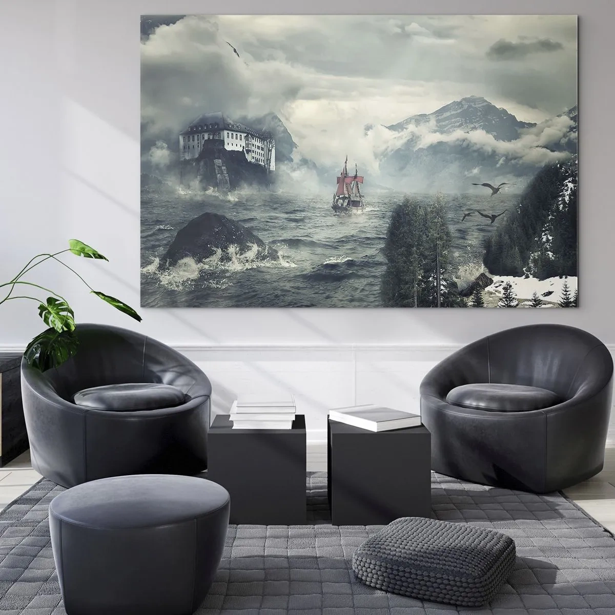 Glass picture - A ship on a stormy sea with a castle in the background - 70x50cm - On Magical Waters - Modern wall decoration for the living room and bedroom ARTTOR