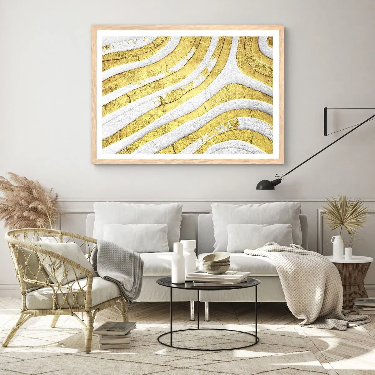 Poster in light oak frame - Composition in White and Gold - 40x30 cm
