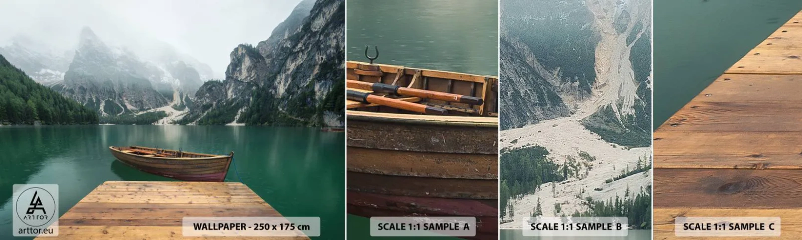 Photo Wallpaper Sample Self-Adhesive Deluxe Sticker - Boat Found Solitude - Landscape, Mountains, Lake - 100x30 cm