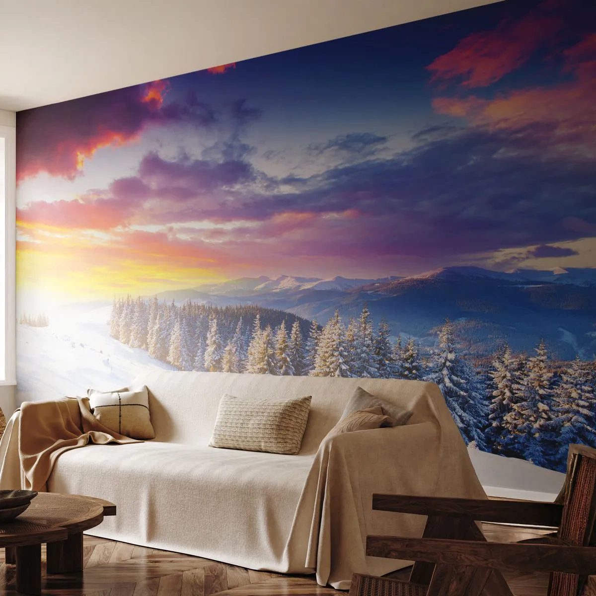 Photo Wallpaper Standard Eco - Winter mountain landscape at sunset - 100x70cm - In Plain Daylight - Modern wall decoration for the living room and bedroom ARTTOR