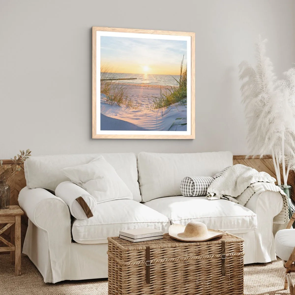 Poster in light oak frame - Sound of the Sea, Singing of the Birds, Wild Beach among Grass - 50x50 cm