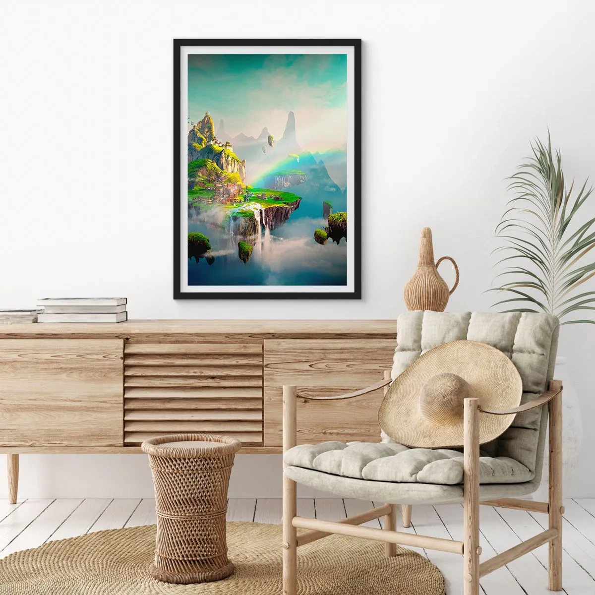 Poster in black frame - magical landscape with mountains, a rainbow and a waterfall - 50x70cm - Internal Heaven - Happy Islands - Modern wall decoration for the living room and bedroom ARTTOR