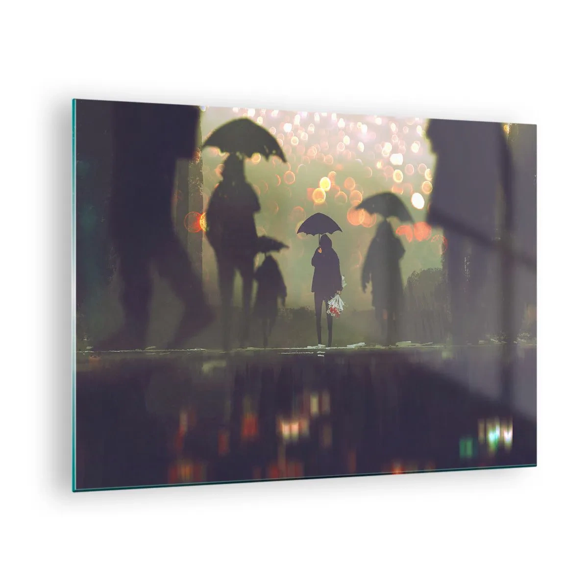 Glass picture - Figures with umbrellas in the rain against the backdrop of city lights - 70x50cm - From Perspective of a Raindrop - Modern wall decoration for the living room and bedroom ARTTOR