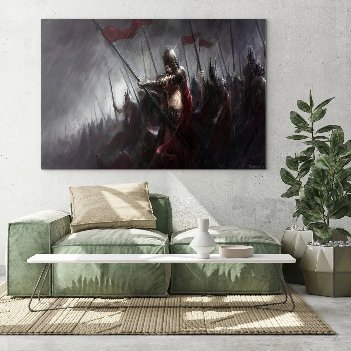 Glass picture - Knights in the rain on the battlefield in full gear - 70x50cm - Passerby, Tell Sparta… - Modern wall decoration for the living room and bedroom ARTTOR
