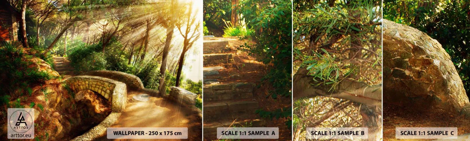 Photo Wallpaper Sample Standard Eco - From the Bridge to Enchanted Forest - Landscapes, Stone Stairs, Rays of the sun - 100x30 cm