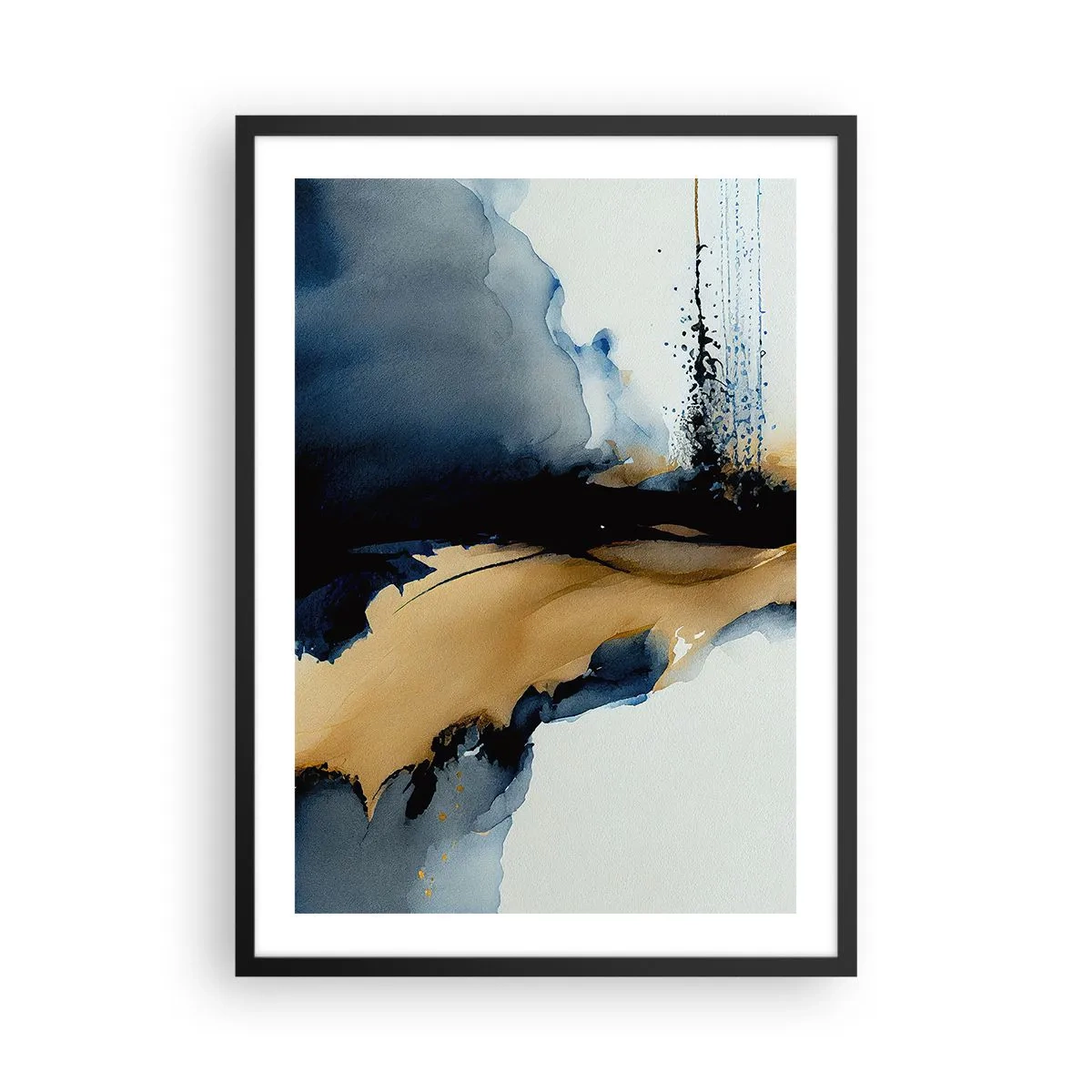 Poster in black frame - An abstract composition in shades of navy blue and gold - 50x70cm - Behind the Curtain - Modern wall decoration for the living room and bedroom ARTTOR