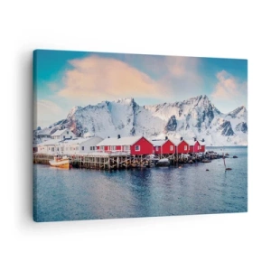 Canvas picture - Red houses against the background of snowy mountains and the blue sea - 70x50cm - Northern Retreat - Modern wall decoration for the living room and bedroom ARTTOR