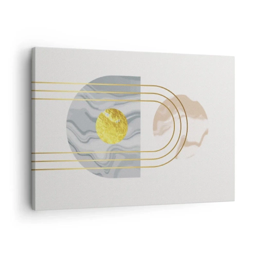 Canvas picture - Abstract composition with circles and golden lines on a light background. - 70x50cm - Brightness nad Shine - Modern wall decoration for the living room and bedroom ARTTOR