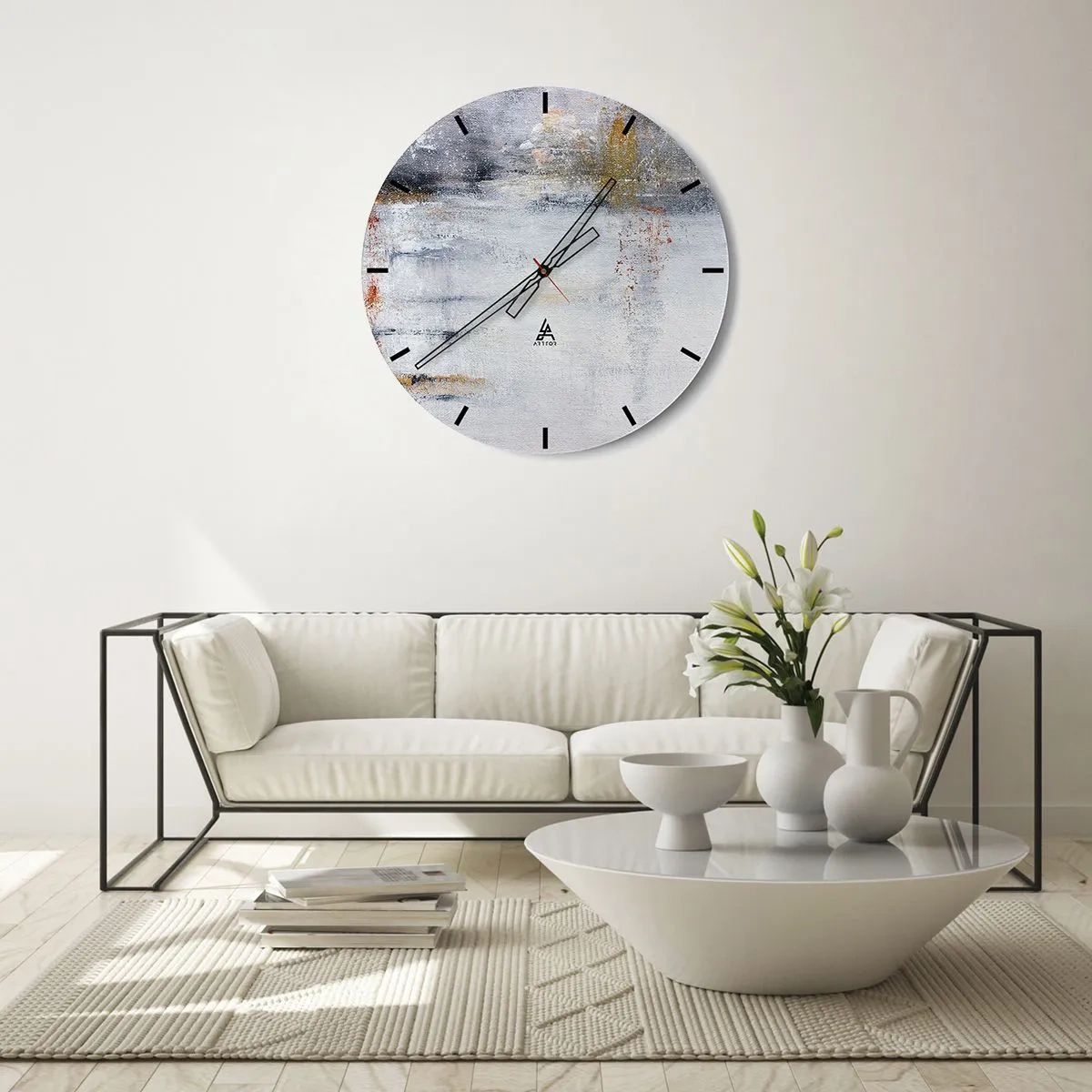 Wall clock - Clock on glass - An abstract composition in shades of gray and gold. - 30x30cm - Behind a Curtain of Air - Modern wall decoration for the living room, kitchen, and bedroom ARTTOR