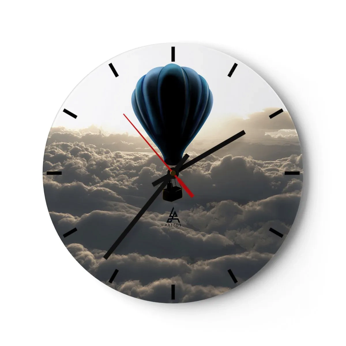 Wall clock - Clock on glass - A hot air balloon soars above the clouds at sunrise. - 30x30cm - Wanderer above Clouds - Modern wall decoration for the living room, kitchen, and bedroom ARTTOR