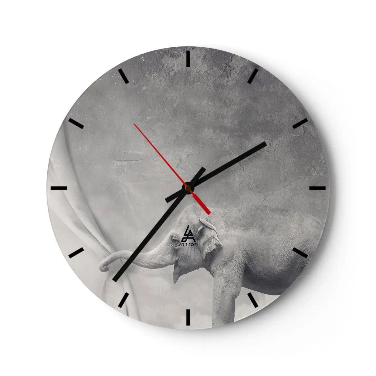 Wall clock - Clock on glass - An elephant against the background of a gray, minimalist composition - 30x30cm - Uncover the Secret - Modern wall decoration for the living room, kitchen, and bedroom ARTTOR