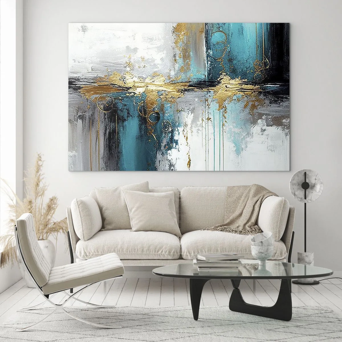 Glass picture - Abstraction with turquoise and gold on a white background - 70x50cm - Everything Flows - Modern wall decoration for the living room and bedroom ARTTOR