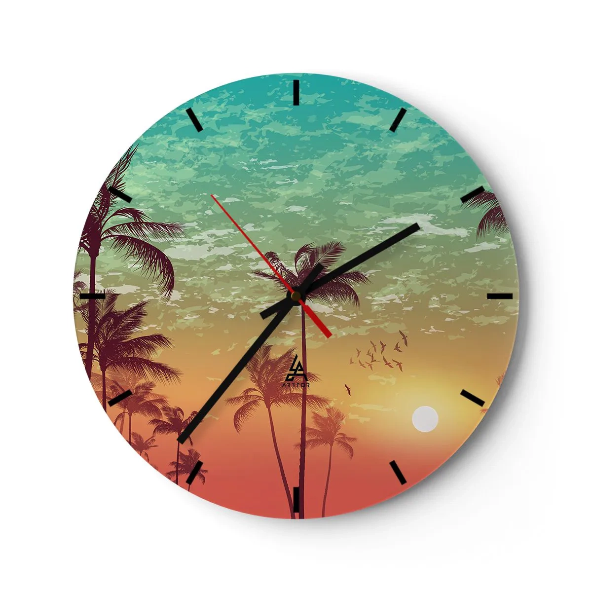 Wall clock - Clock on glass - Palm trees against the sky in shades of sunset - 30x30cm - Tropical Climate - Modern wall decoration for the living room, kitchen, and bedroom ARTTOR