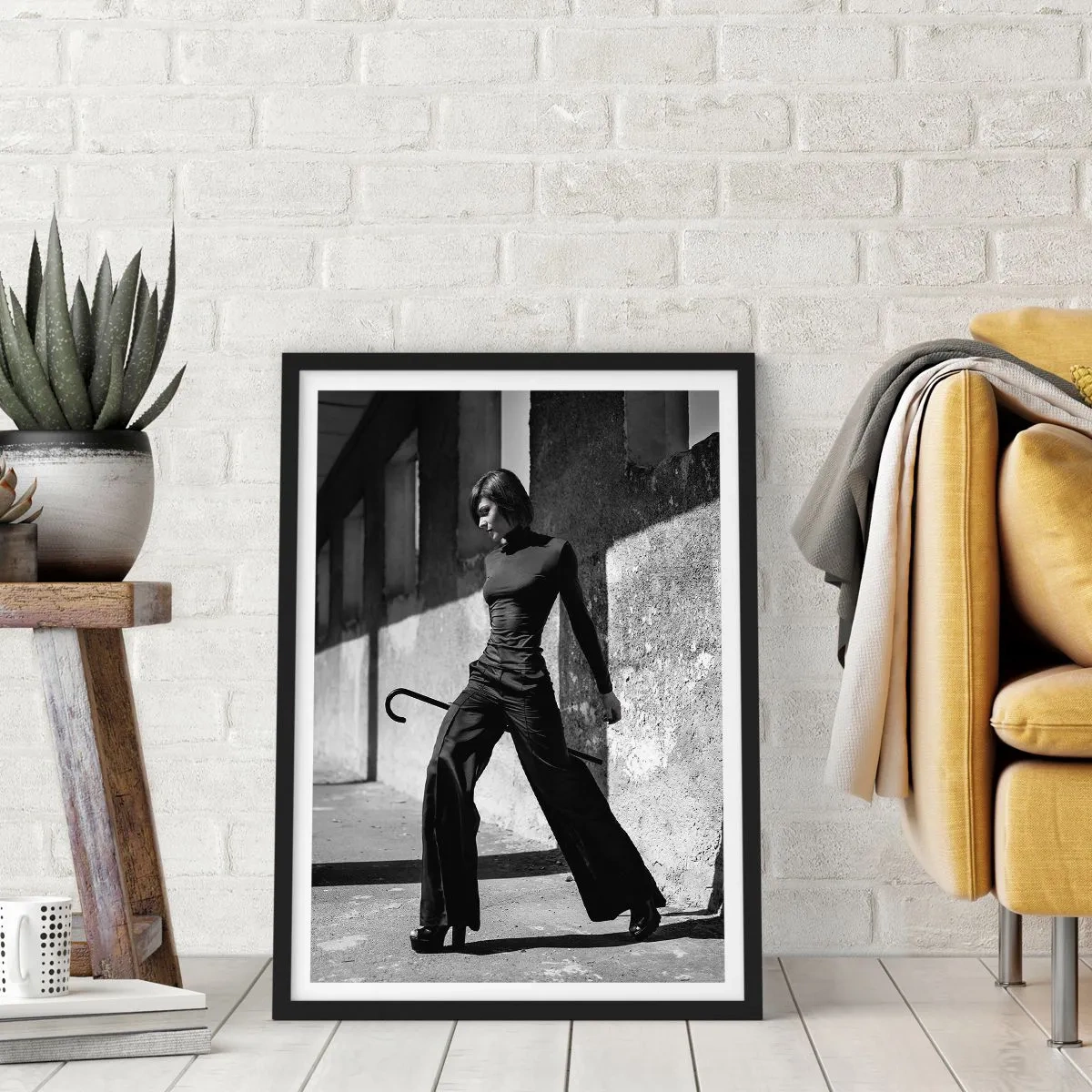 Poster in black frame - A woman in an elegant outfit with a cane against the backdrop of austere architecture - 50x70cm - City Chic - Modern wall decoration for the living room and bedroom ARTTOR