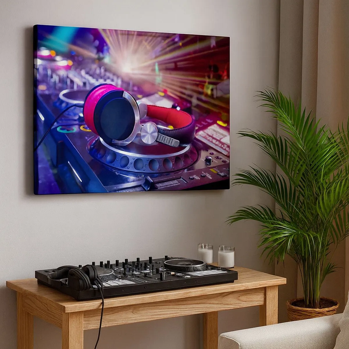 Canvas picture - DJ headphones on a console illuminated by spotlights at a party - 70x50cm - Get on the Floor - Modern wall decoration for the living room and bedroom ARTTOR