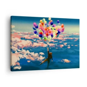 Canvas picture - A figure floating above the clouds with colorful balloons - 70x50cm - Fulfilled Childhood Dream - Modern wall decoration for the living room and bedroom ARTTOR