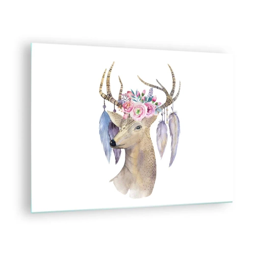 Glass picture - Deer with a flower wreath and feathers - 70x50cm - Guide of the Soul - Gentle, Innocent - Modern wall decoration for the living room and bedroom ARTTOR