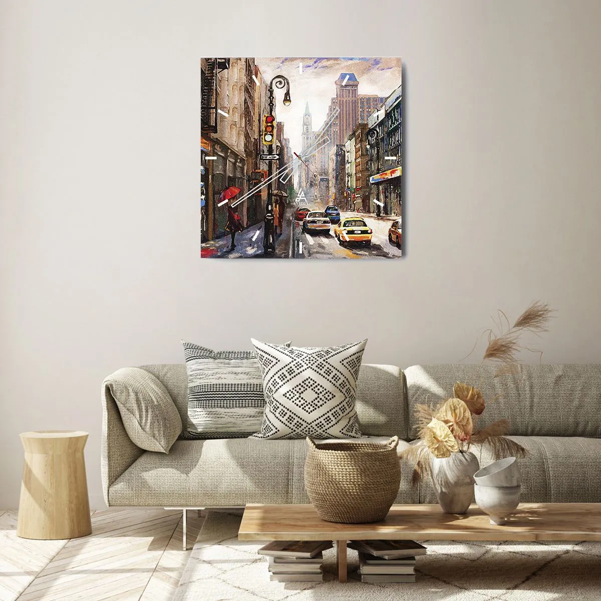Wall clock - Clock on glass - New York - Colourful in Rain - 40x40 cm
