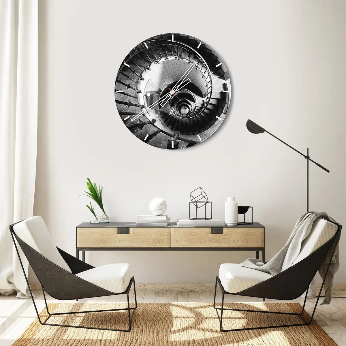Wall clock - Clock on glass - Black and white spiral staircase seen from above - 30x30cm - Up and Upwards - Modern wall decoration for the living room, kitchen, and bedroom ARTTOR