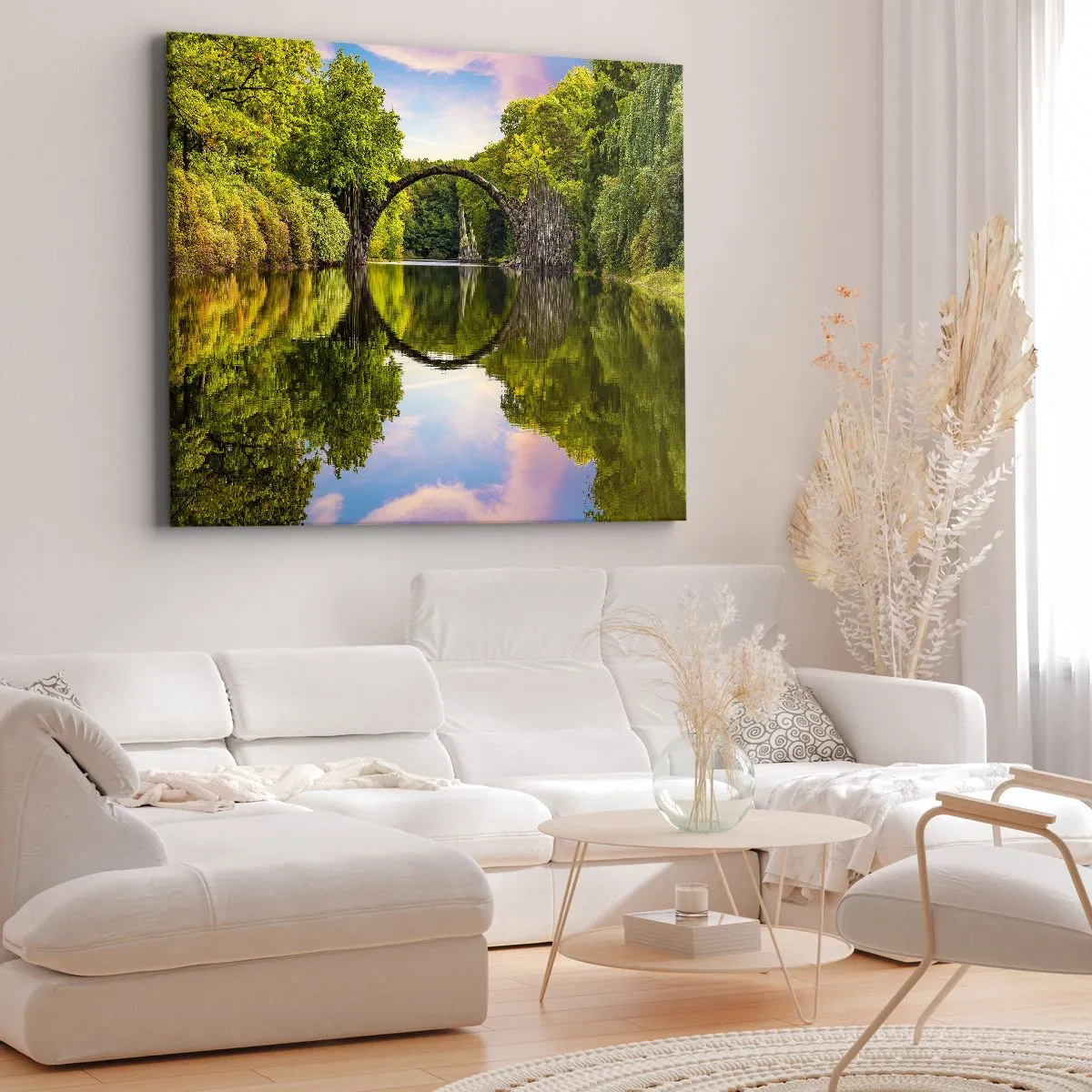 Canvas picture - A stone bridge over a river with a perfect reflection in the water - 70x50cm - At the Crossroads of Two Worlds - Modern wall decoration for the living room and bedroom ARTTOR