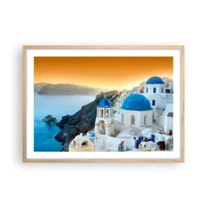 Poster in light oak frame - Santorini - Snuggling up to the Rocks - 70x50 cm