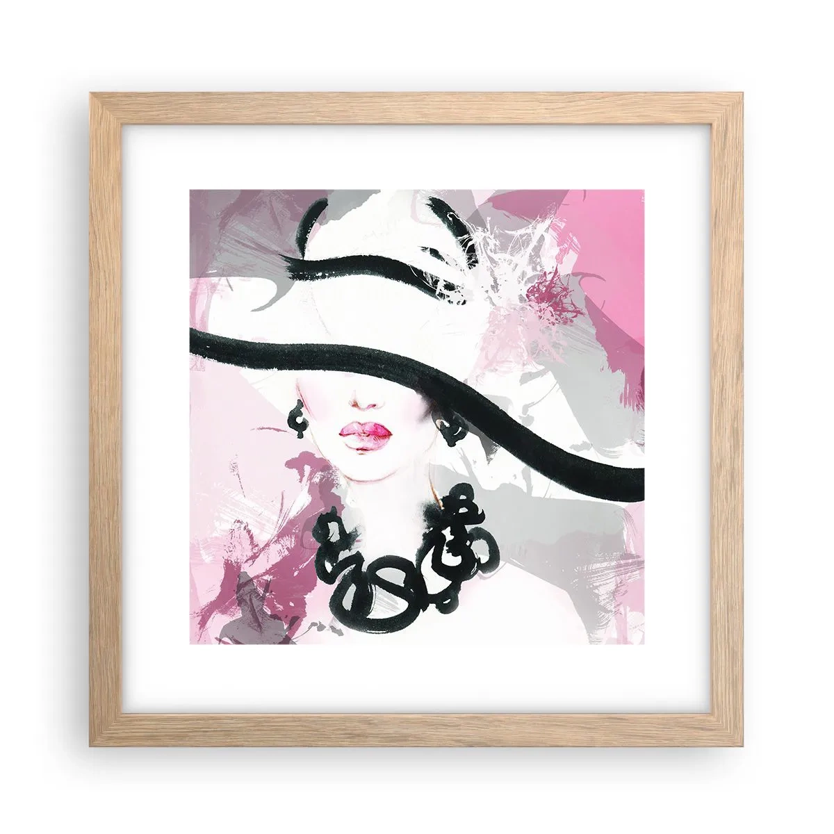 Poster in light oak frame - Portrait of a Lady in Black and Pink - 30x30 cm