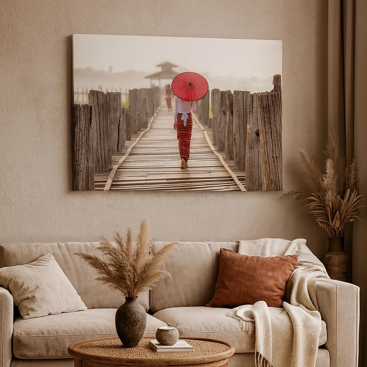 Canvas picture - A woman with a red umbrella on a wooden bridge - 70x50cm - On an Old Bridge - Modern wall decoration for the living room and bedroom ARTTOR