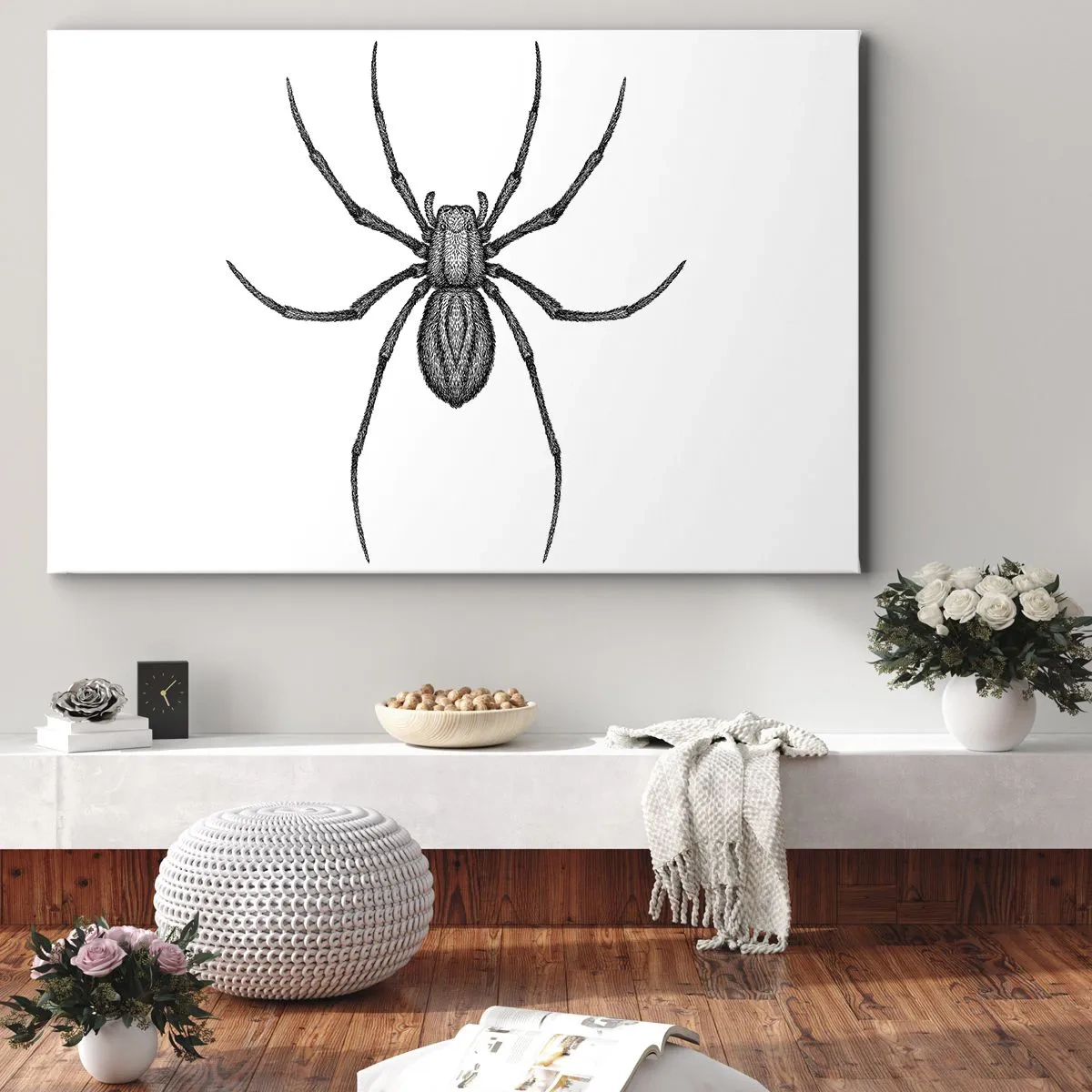Canvas picture - Detail of a spider on a white background in a cartoon style - 70x50cm - Disturbing Precision - Modern wall decoration for the living room and bedroom ARTTOR