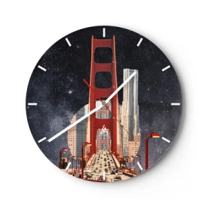 Wall clock - Clock on glass - The city bridge in the light of street lamps against the background of the starry sky - 30x30cm - Always in the Centre - Modern wall decoration for the living room, kitchen, and bedroom ARTTOR