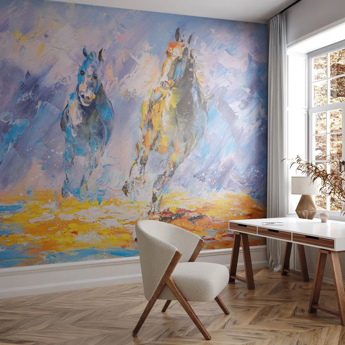 Photo Wallpaper Premium Sand - Galloping through Light - Animals, Horses, Impressionism - 300x210 cm