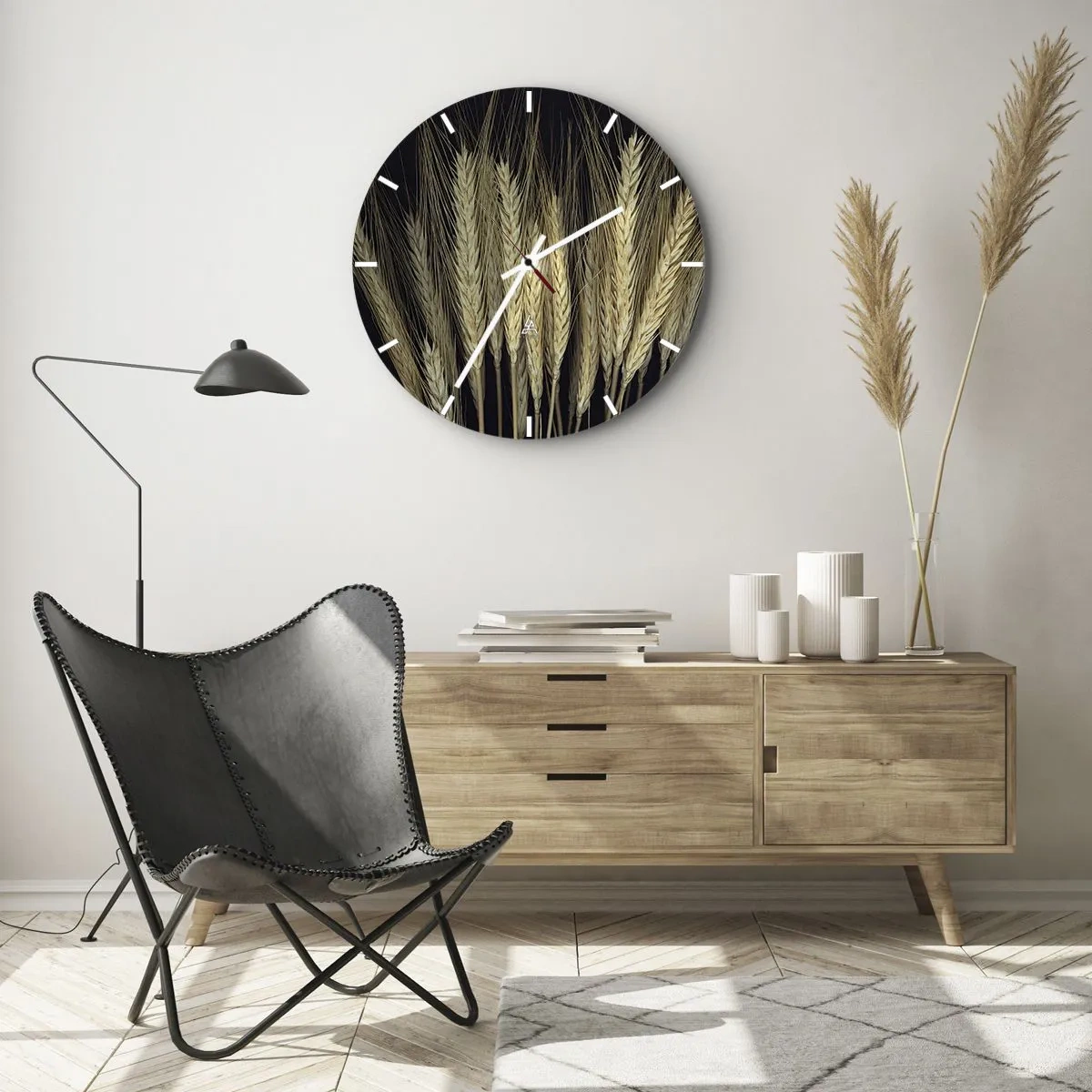 Wall clock - Clock on glass - Ears of grain on a dark background - 30x30cm - Rustic Magic - Modern wall decoration for the living room, kitchen, and bedroom ARTTOR