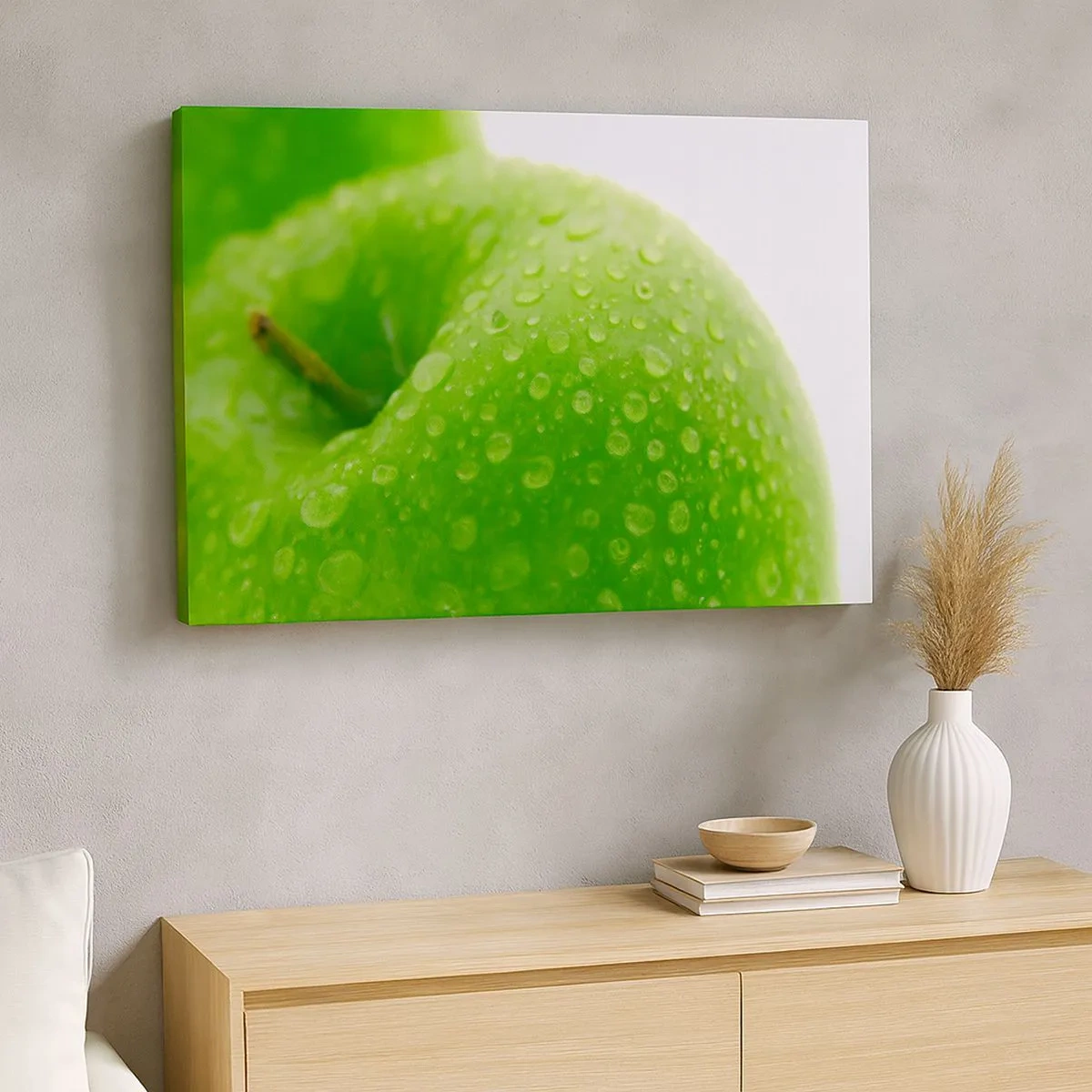 Canvas picture - Close-up of a green apple with water drops - 70x50cm - Green, Cool Freshenss - Modern wall decoration for the living room and bedroom ARTTOR