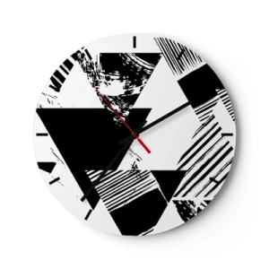 Wall clock - Clock on glass - Black and white geometric composition with triangles - 30x30cm - Rain of Triangles - Modern wall decoration for the living room, kitchen, and bedroom ARTTOR