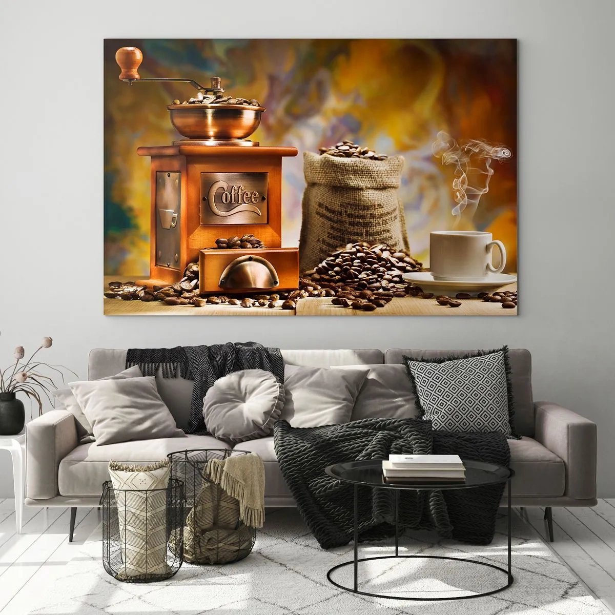 Glass picture - Coffee grinder, beans and a cup on a wooden table - 70x50cm - Grains Crunching, Grinder Rumbling - Modern wall decoration for the living room and bedroom ARTTOR