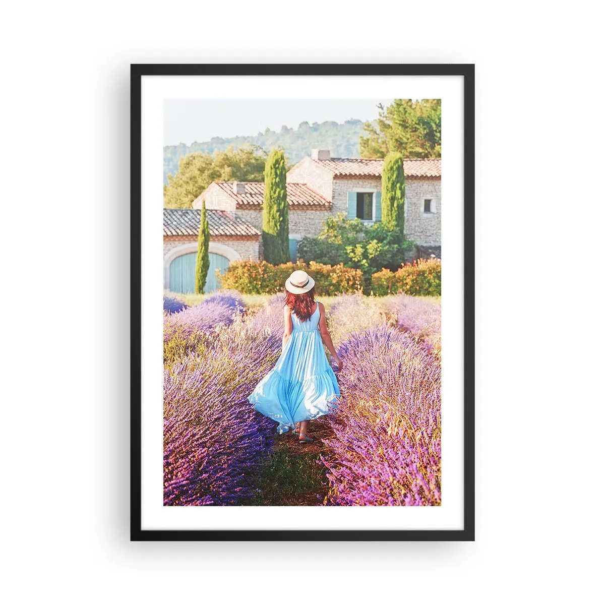 Poster in black frame - A woman in a blue dress walking through a lavender field. - 50x70cm - Lavender Girl - Modern wall decoration for the living room and bedroom ARTTOR