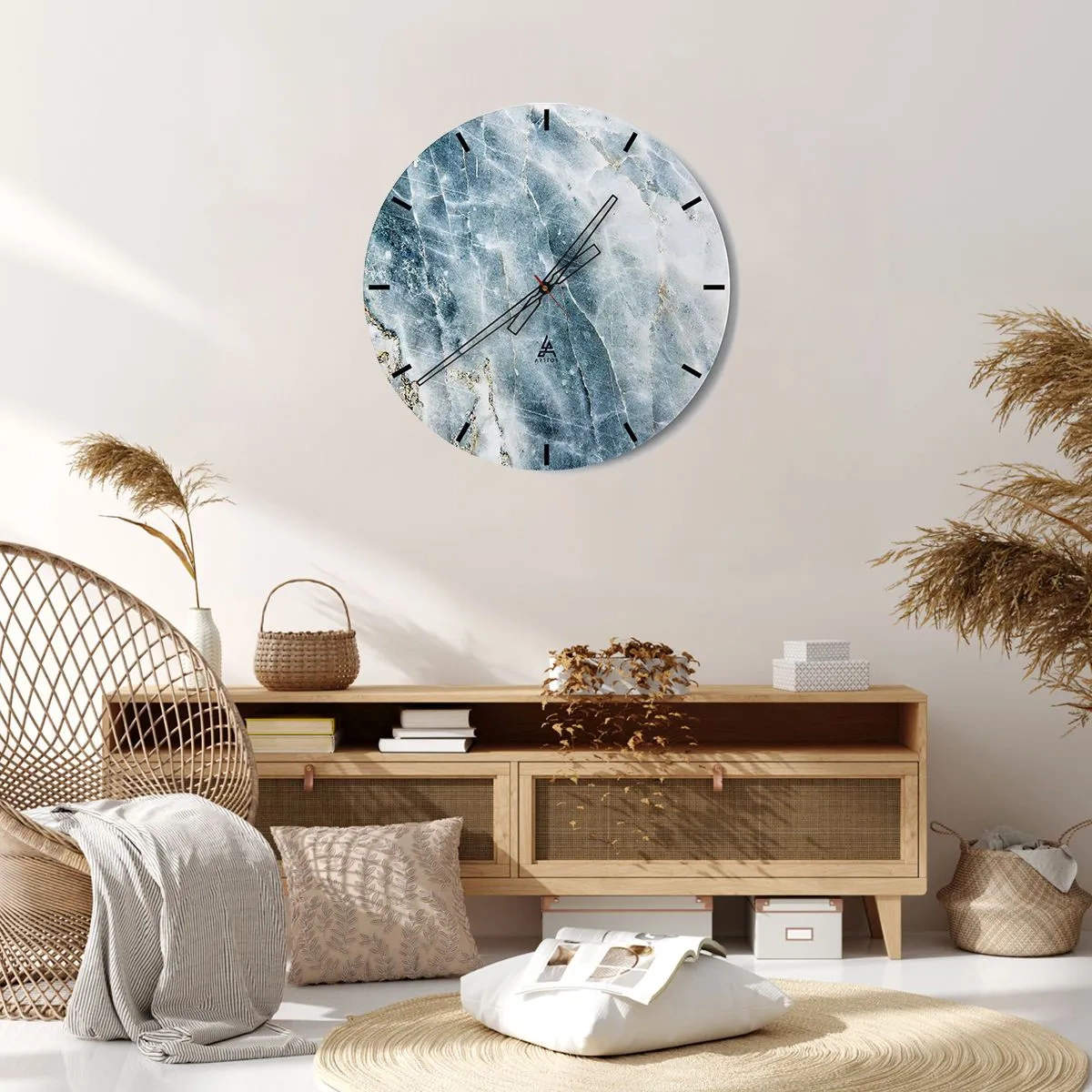 Wall clock - Clock on glass - Marble texture in shades of blue and gray with delicate gold accents - 30x30cm - Icy World - Modern wall decoration for the living room, kitchen, and bedroom ARTTOR