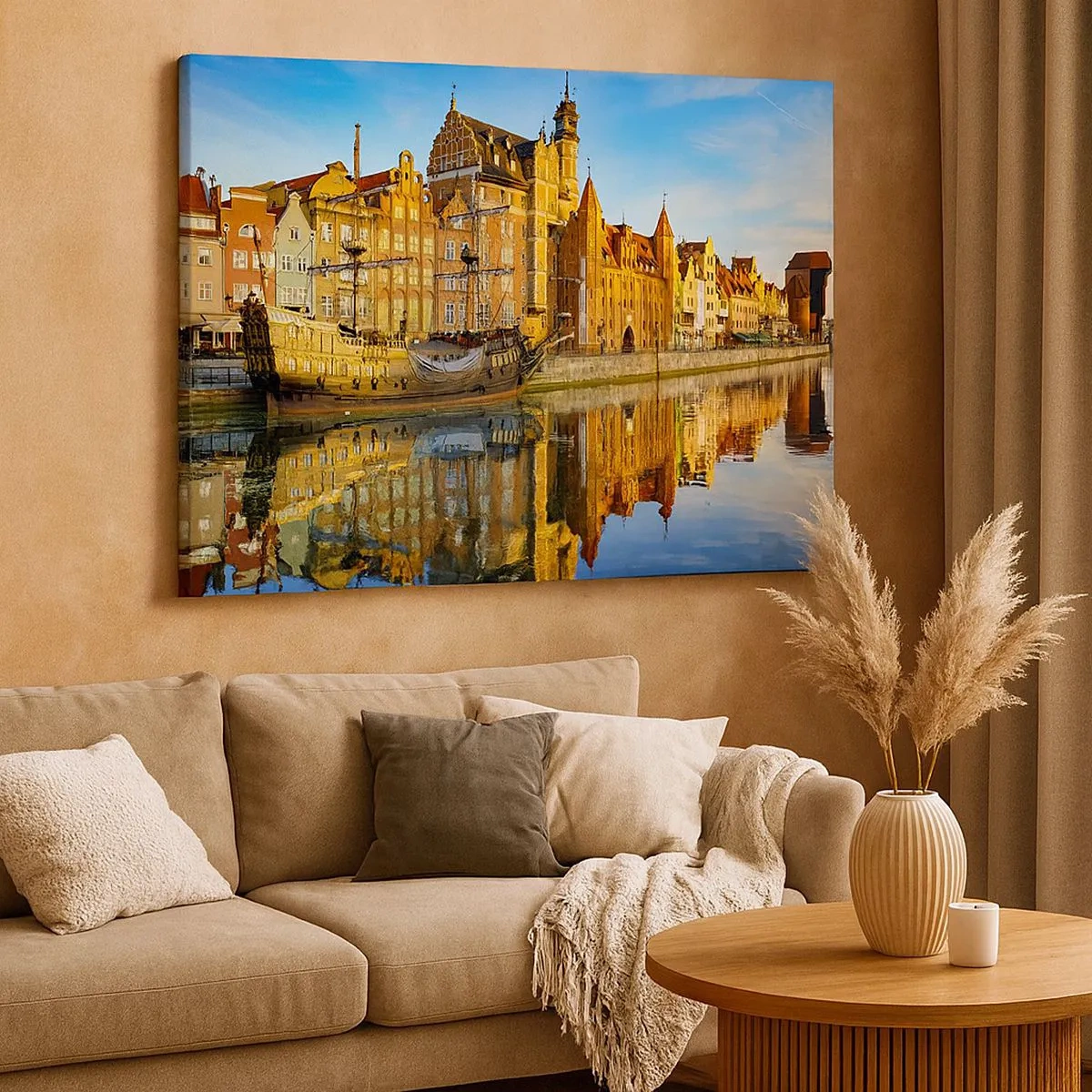 Canvas picture - A picturesque view of the old town with a sailing ship and water - 70x50cm - Mirror Reflection of the Past - Modern wall decoration for the living room and bedroom ARTTOR